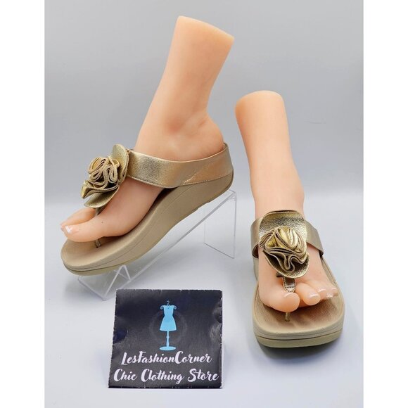 NWT FitFlop Women's Gold Leather Florrie Toe-Post Sandals Size 7 2696 - Picture 1 of 15